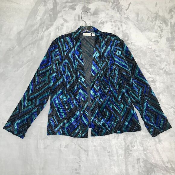 Chicos Cardigan Womens Large Blue Black Velvet Semi Sheer Open Front Chicos 2 - Picture 1 of 11